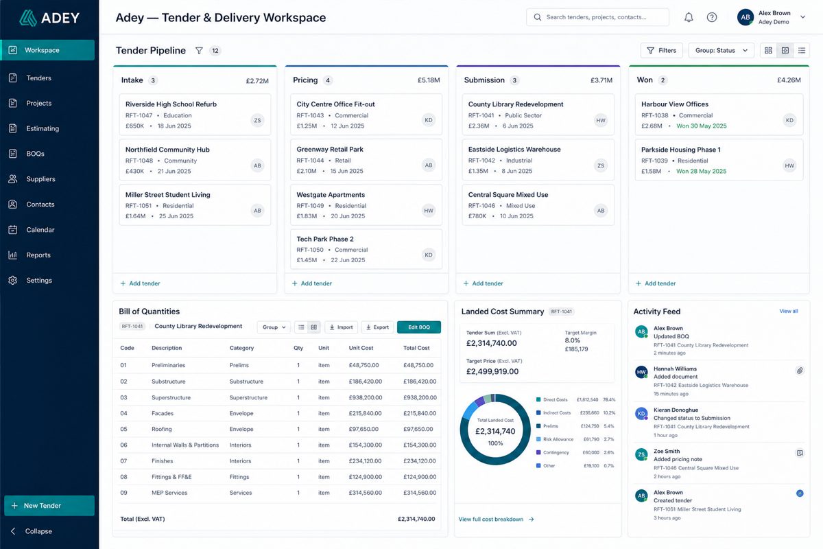 Adey Flow tender workspace